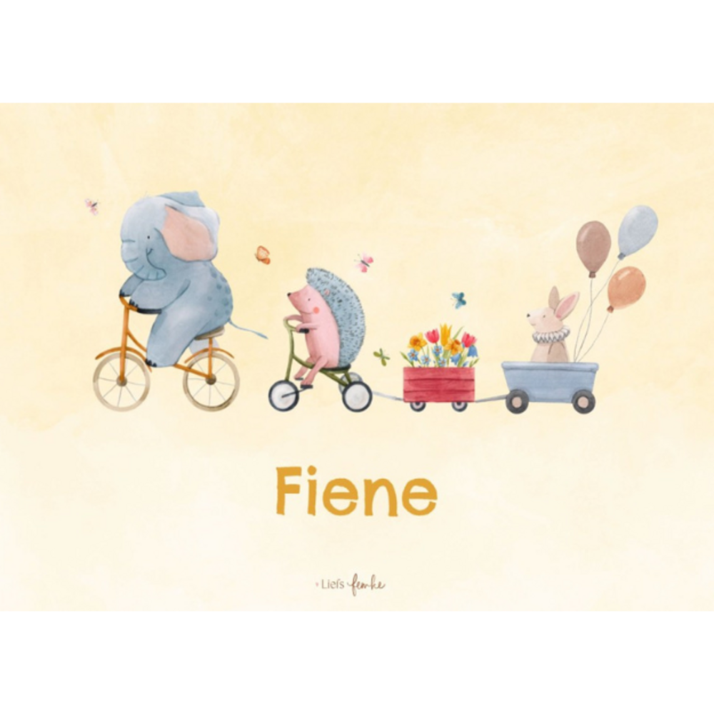 Geboortekaartje Fiene - met fietsend olifantje, egeltje en konijntje