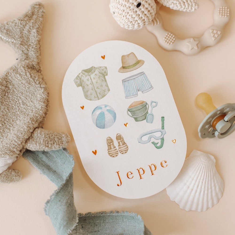 Geboortekaartje Jeppe - jongen zomer strand accessoires