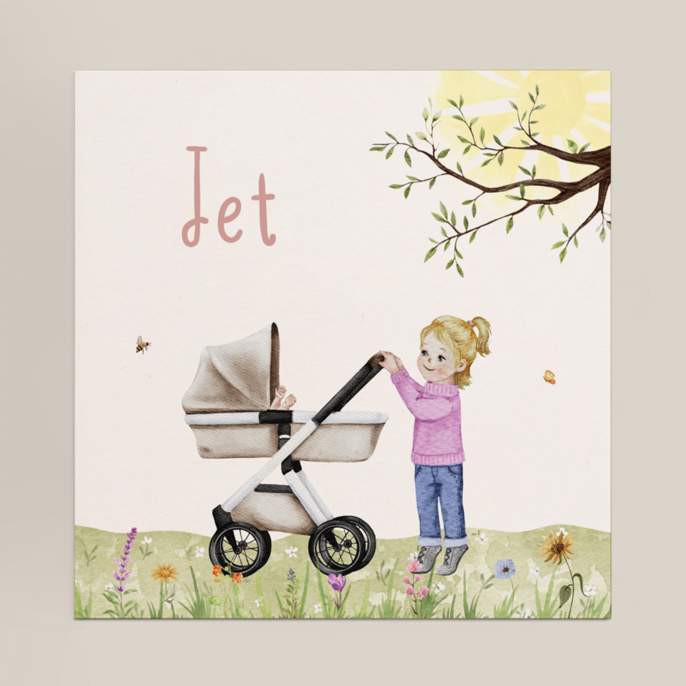 Geboortekaartje Jet - voor een meisje met grote zus bij kinderwagen