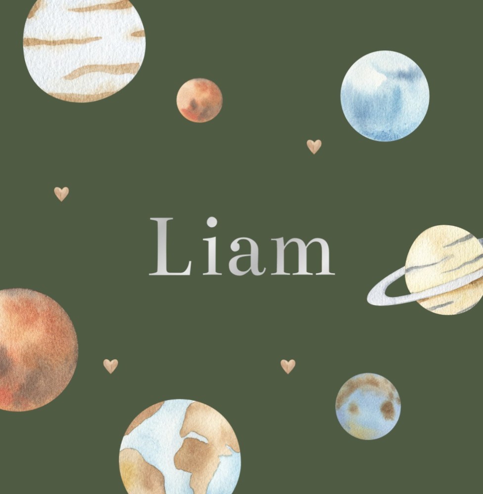 Geboortekaartje Liam - jongen planeten met zilverfolie