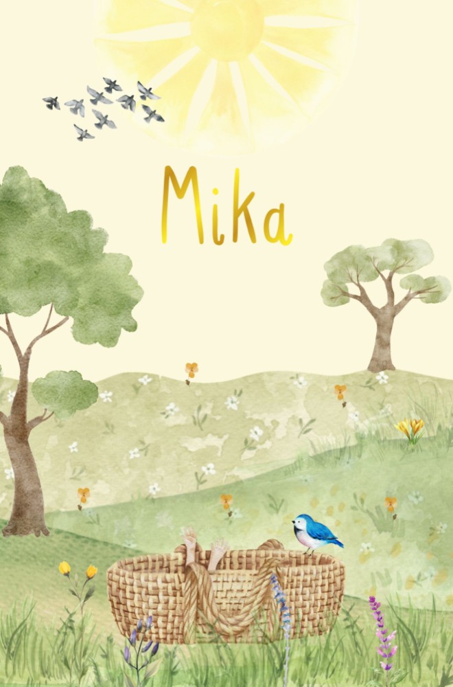 Geboortekaartje Mika - met heuvels, bloemen en goudfolie