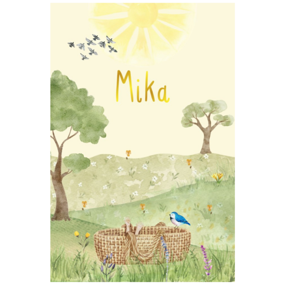 Geboortekaartje Mika - met heuvels, bloemen en goudfolie