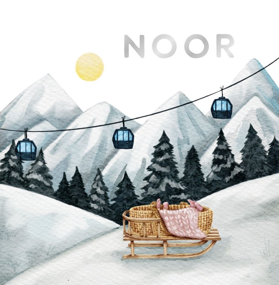 Geboortekaartje Noor - meisje wintersport slee met rotan mandje in sneeuw