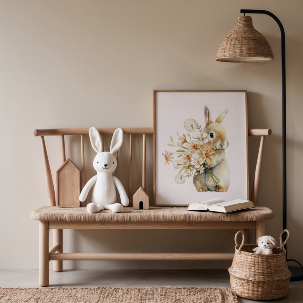 Poster meisje met konijntje en bloemen