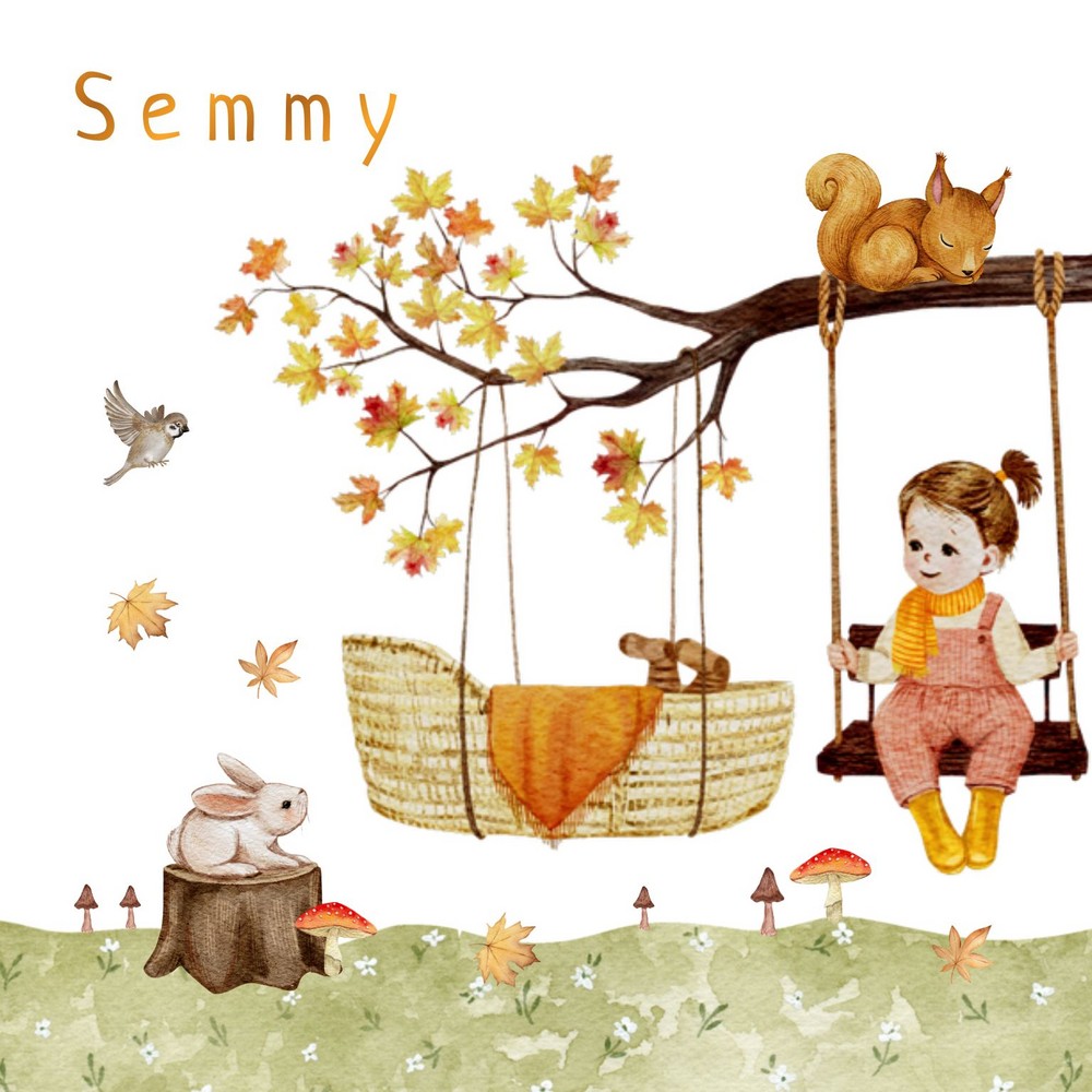 Geboortekaartje Semmy - herfst zus staart en mand aan tak goudfolie blaadjes