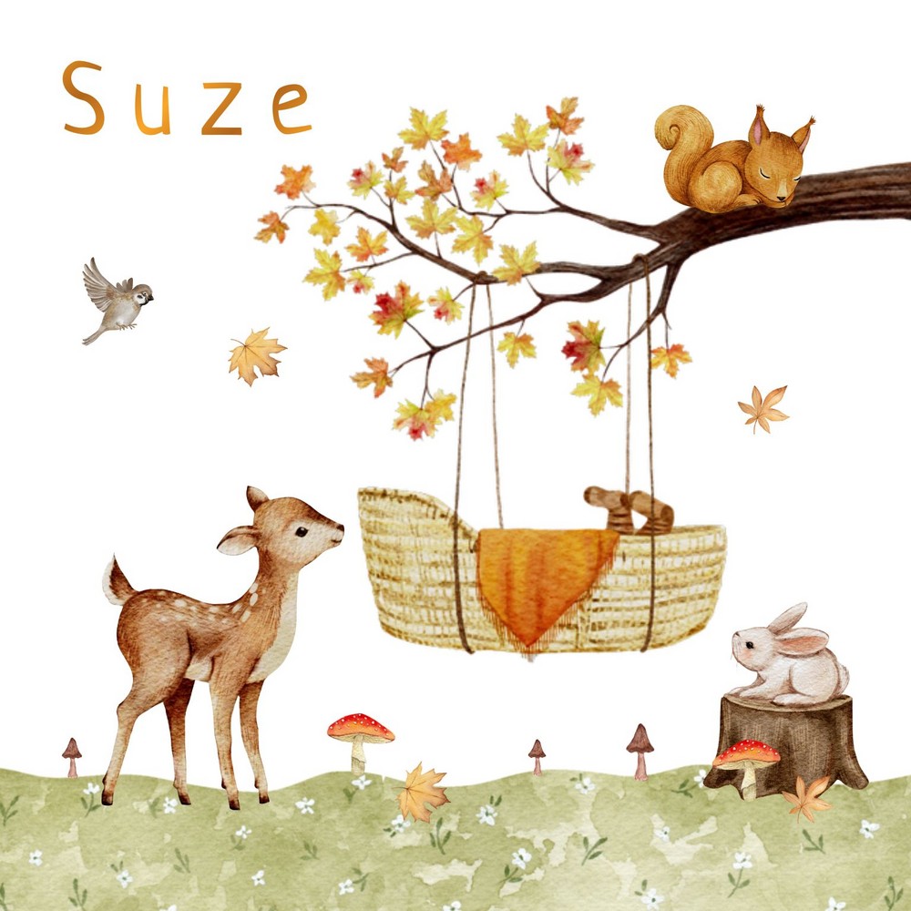 Geboortekaartje Suze - herfst goudfolie blaadjes, tak met mand en bosdieren